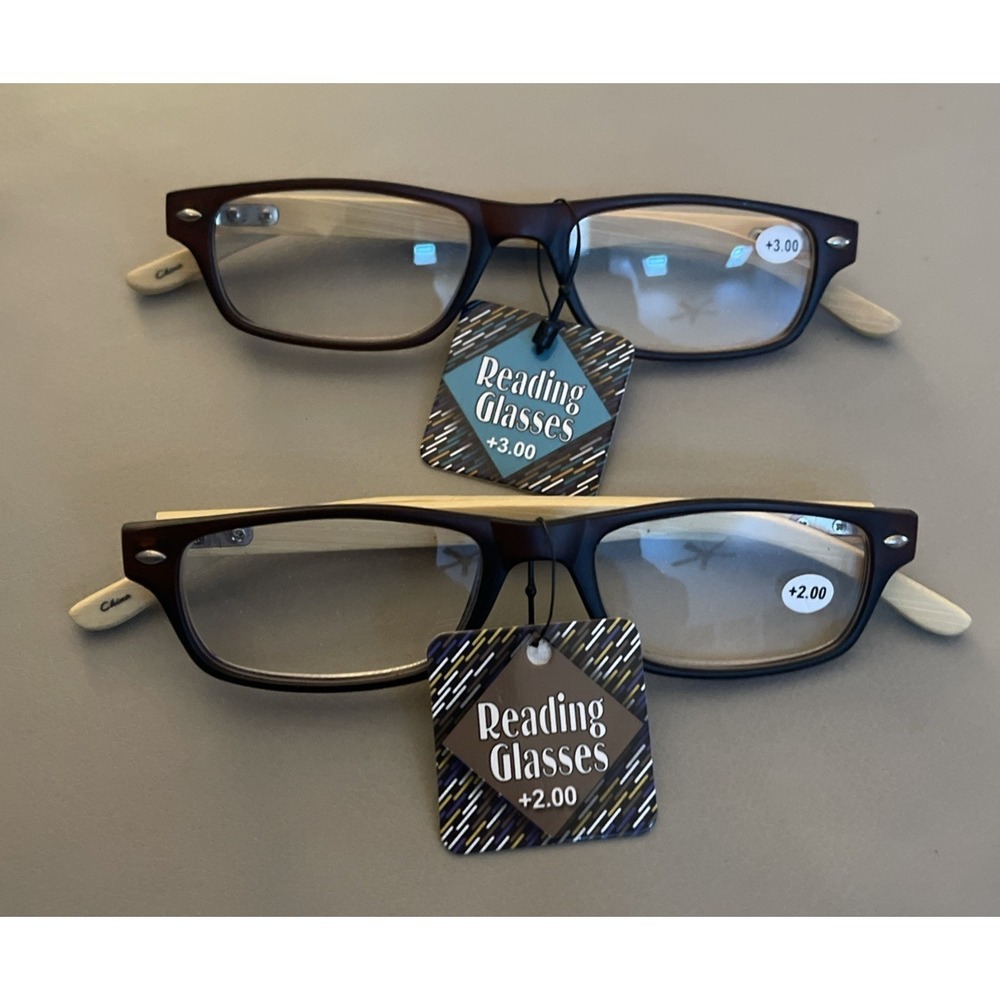 Reading Glasses Lot of 2 Pairs Bamboo +2.00 & +3.00 NWT